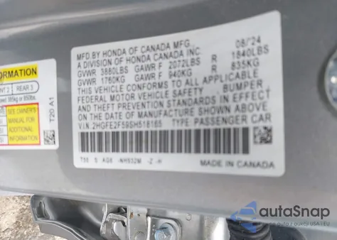 2025 Honda Civic Sport z USA, uszkodzony, nr VIN 2HGFE2F59SH518165